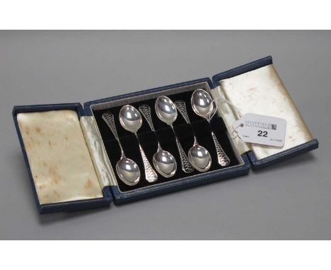 A Set of Six Hallmarked Silver Enamelled Teaspoons, T&amp;S, Birmingham 1961, the black enamel inlay with weaved scrolling de