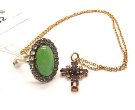 A Garnet Set Cross Pendant, alternately round and oval four claw set, to a dainty oval link chain stamped "9C", 46cm long; An