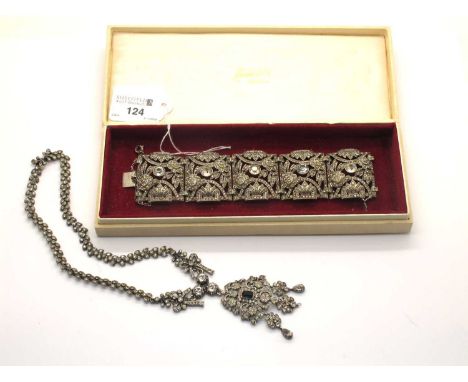 A Highly Decorative Edwardian Style Necklace, the articulated panel style necklace with flora inspired links, stone set throu