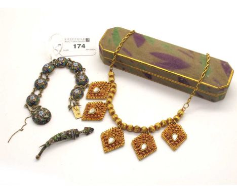 A Highly Decorative Russian Silver Enamel and Cloisonné Panel Bracelet, the inlaid blue, green and turquoise enamel of scroll