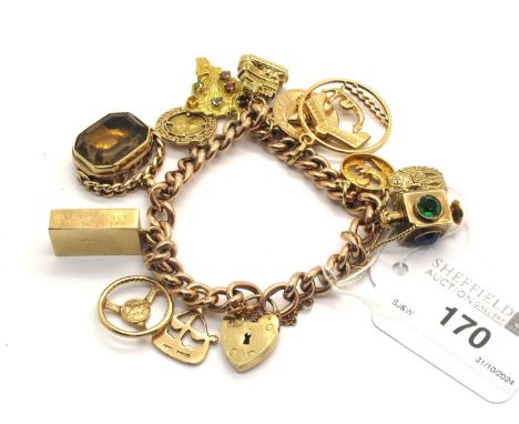 A Chunky Curb Link Charm Bracelet, links stamped "9C", to 9ct gold heart shape padlock style clasp, suspending numerous assor