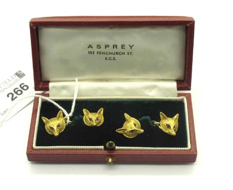 A Pair of Vintage 9ct Gold Ruby Eyed Fox Head Cufflinks, finely textured finish, to belcher chain connections (9.3grams), wit