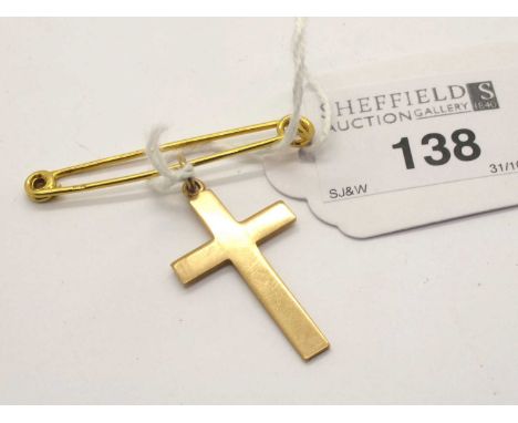 An Antique Stick Pin, (indistinctly stamped); A 9ct Gold Plain Cross Pendant. (2)The weight is approximately 4.3grams. Length