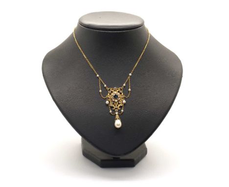 A Highly Decorative Modern Antique Style Diamond, Sapphire and Pearl Set Necklace, oval cluster set to the centre, applied to