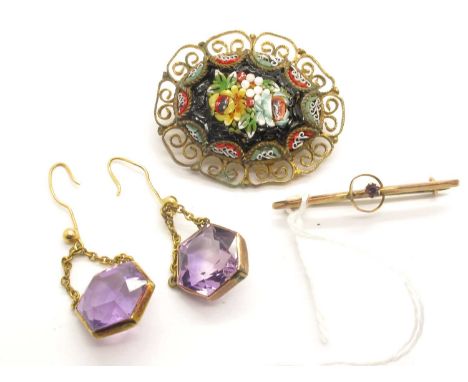 An Antique Dainty Stone Set Bar Brooch, circular collet set to centre between openwork circle design, stamped "9ct", a pair o
