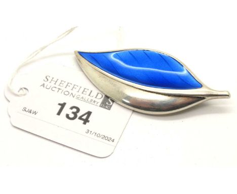 David Andersen; A Norwegian Enamel Leaf Brooch, highlighted in blue, stamped "D-A 925S Sterling Norway", 6.2cm long.No visibl