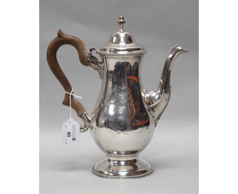 A Georgian Provincial Hallmarked Silver Coffee Pot, Langlands &amp; Robertson, Newcastle 1778, of baluster form with beaded d