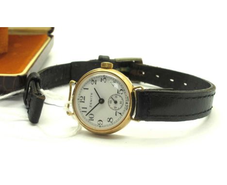 Zenith; A Vintage 9ct Gold Cased Wristwatch, London 1973, the signed white dial with black Arabic numerals and seconds subsid