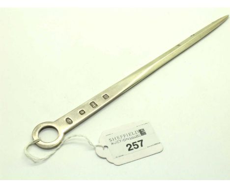 A Hallmarked Silver Meat Skewer Style Letter Opener, PT, Sheffield 1998, bearing feature hallmarks, with loop finial, 21cm lo