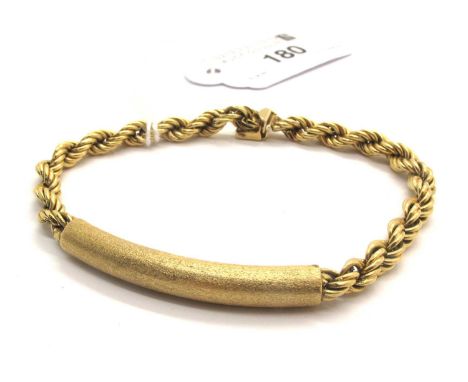 A Chunky Ropetwist Bracelet, with integral sinuous panel of brushed finish, to push clasp and safety clip stamped "14K", 20cm