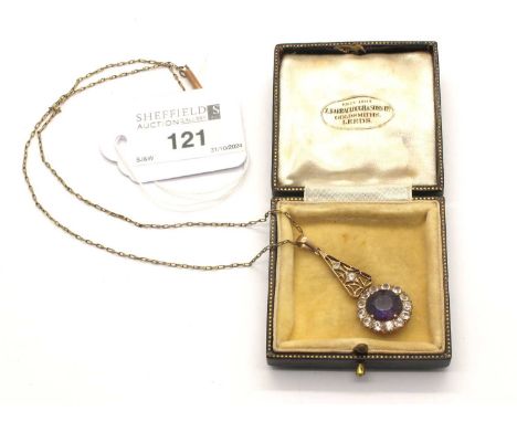 An Antique Stone Set Drop Pendant, of cluster design, circular claw set drop to decorative pierced surmount set with round cu