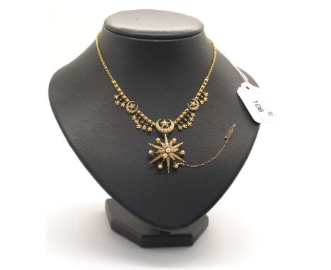 A Decorative Edwardian Pearl Set Necklace, of graduated crescent moon and star design (suspension loop behind central crescen