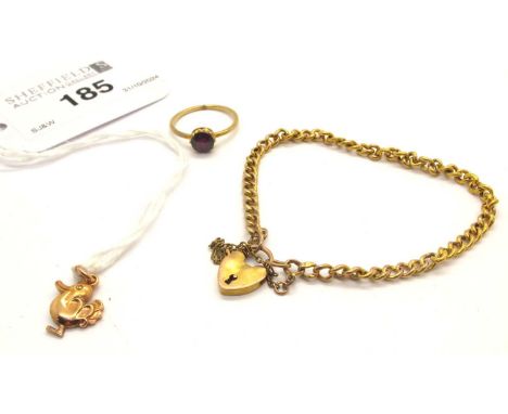 A Child's Curb Link Bracelet, to heart shape padlock style clasp stamped "9ct"; A Child's Single Stone Ring, claw set (finger