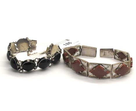 An Art Deco Style Goldstone Inset Panel Bracelet, of graduated design, to snap clasp, 19.5cm long; A Bull's Eye Agate Style B