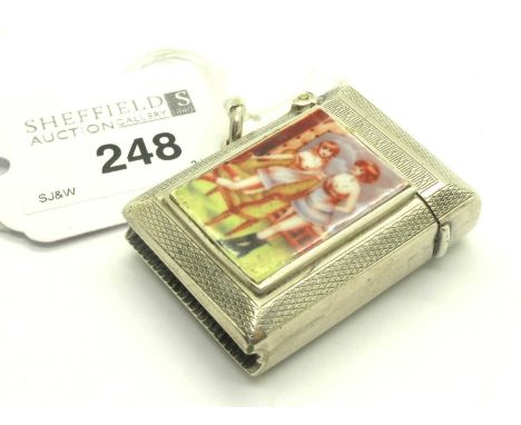 A Hallmarked Silver Vesta Case, HJC, Birmingham 1924, with a risqué enamel panel, depicting two scantily clad female forms, a
