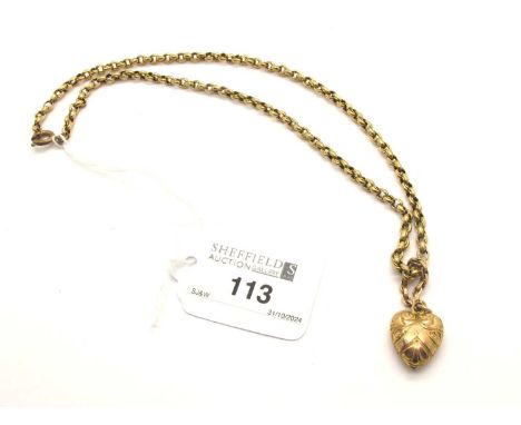 An Antique Belcher Double Link Chain, suspending a decorative puffed heart pendant, allover textured finish, on part belcher 