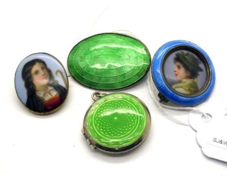 A Hallmarked Silver and Guilloche Enamel Brooch, JA&amp;S, Birmingham 1916, highlighted in green (3.5cm wide); two decorative