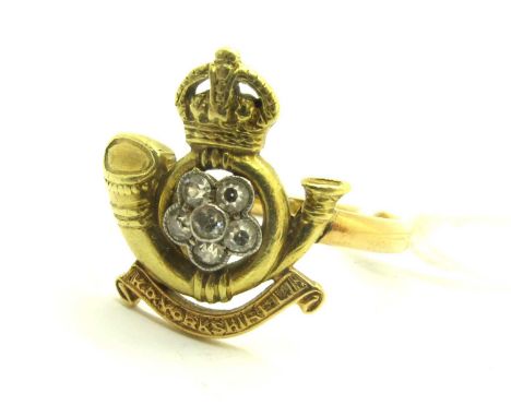 The King's Own Yorkshire Light Infantry Sweetheart Ring, diamond cluster set to centre, between a slim band stamped "18ct" (f