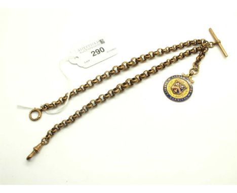 A Rose Colour Faceted Belcher Link Graduated Double Albert Chain, stamped "9c", to single swivel style clasp and bolt ring (b