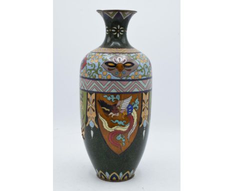 A large cloisonné vase with scenes resembling cock fighting. 31cm tall. Generally in good condition with some impact damage a