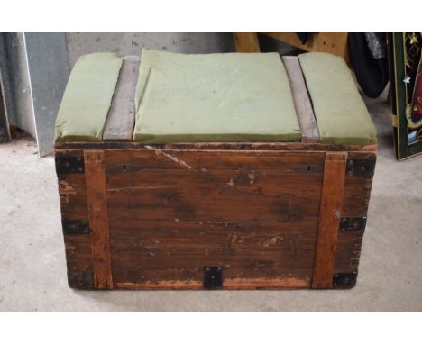 An unusual early 20th century wooden and metal lined ships mariner with sticker 'Elder Dempster First Cabin Hold'. 84 x 56 x 