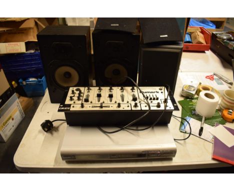A collection of Hi Fi and audio equipment and similar to include Numark CM100 mixing board, a pair of Philips speakers, Wharf