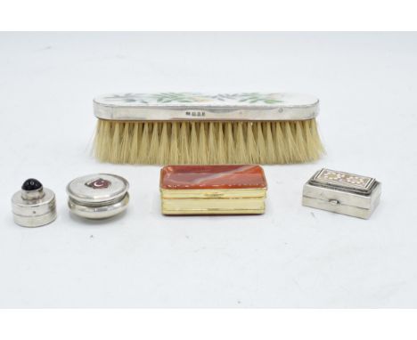 A collection of silver items to include a Guilloche enamel hand brush with silver mount, a gilt metal and agate box together 