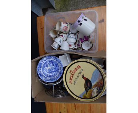 A mixed collection of items to include a Spode bowl, steel ice buckets, Famous Grouse trays, tea ware etc. NO POSTAGE. Condit