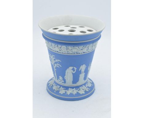 Wedgwood light blue Jasperware vase with posy holder. 15cm tall. In good condition with no obvious damage or restoration thou