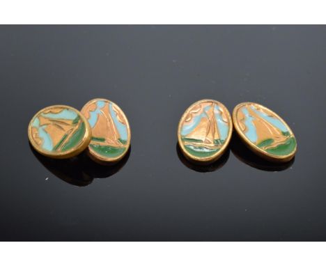 A pair of vintage copper and enamel sailing ships cufflinks. 