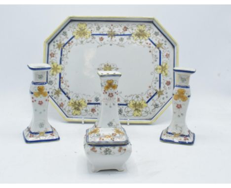 A dressing table set by Kinto China handpainted Nippon to consist of a rectangular tray, a pair of candlesticks, a trinket bo
