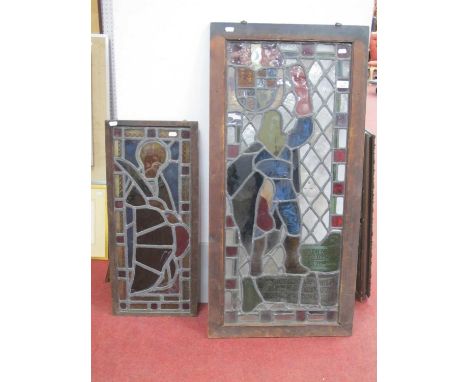 Framed Leaded Stain Glass Panel of King Charles I Holding a Glass, 92 x 39cm, together with a smaller glass panel of St Cathe