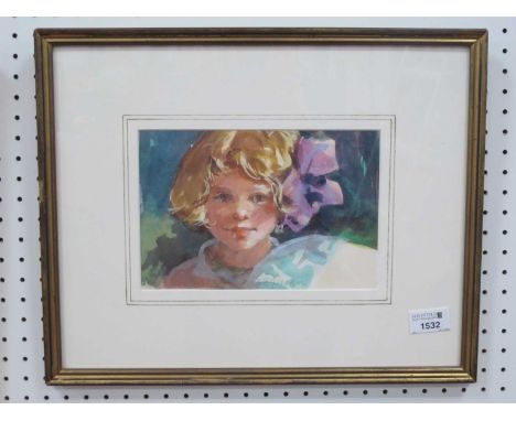 DIANNE FLYNN (b.1939) *ARRHead and Shoulders Portrait of a Girl, with a pink bow in her hair, watercolour, signed lower edge,