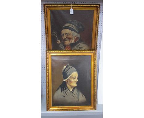 H. Buzzelmann, pair of portrait studies, gentleman smoking pipe and lady wearing back shawl, oil on canvas, signed and dated 