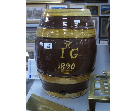 A large stoneware salt glaze barrel marked 'R I G 1820' to front,, 38cm h.CRACKLE TO GLAZE, NIBBLES TO TOP RIM ONE SMALL CHIP
