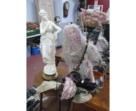 Twin Spot Light on Rectangular Base, surmounted by doll, plaster figure of classical maiden , 64cm high.