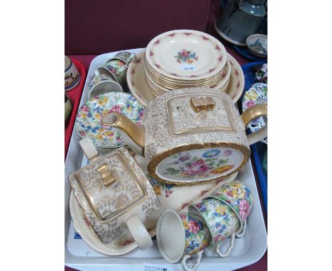 A Sadler teapot and lidded pot decorated in flowers and gilt, Swinnertons plates and bowl of varying size and six teacups and