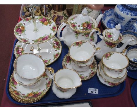 Royal Albert 'Old Country Roses' Tea Service, cake stand, teapot (damage to finial) cups saucets, etvc:- One Tray.
