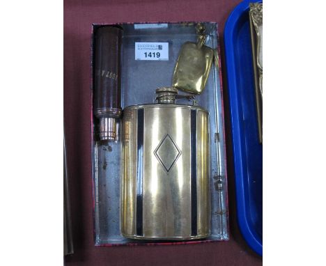 Art Deco German Hip Flask, in brass and black lacquer, diamond motif to front, stamped Germany to hinged screw top, 15.5cm hi