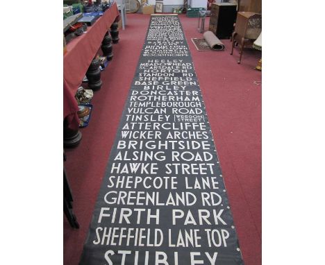 A 1940's 63 destination bus station roller for the northern area to include Barnsley, Leeds, Bradford, Sheffield, Doncaster, 