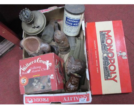 XIX Century Figure of a Sailor, brass paraffin lamp, flat iron, Wallace Gromit talking alarm clock, etc:- One Box.