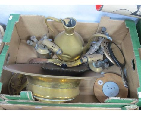Brass Parrafin Blow Lamps, barometer, brass crumb tray and brush, brass bowl, jug, etc:- One Box.