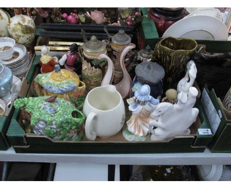 A pair of Staffordshire flat backs 'Going to Market' and 'Returning Home', three steins, two animal cottage teapots, glass va