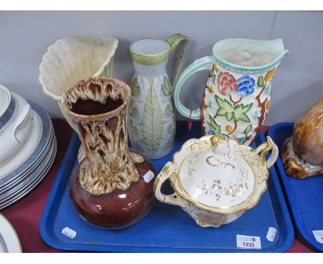 A Bourne Denby vase with handle, a melba ware glazed vase, an 'Indian tree' hand painted jug, Beswick vase and one other. 1 T