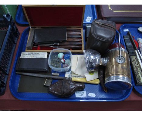 Stainless steel table knives, casio calculator, Russian camera, lamp etc. 1 Tray