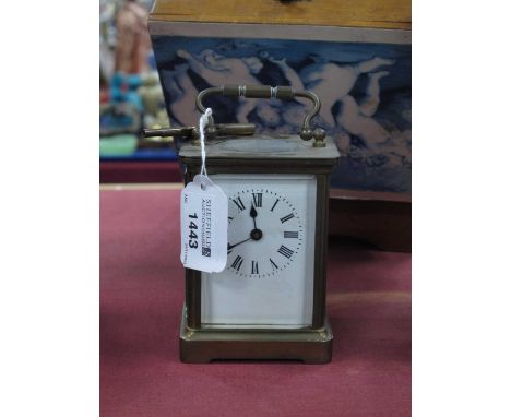 Brass Carriage Clock, R &amp; Co, Paris, with black Roman numerals to white enamel dial, 8cm wide, with key.