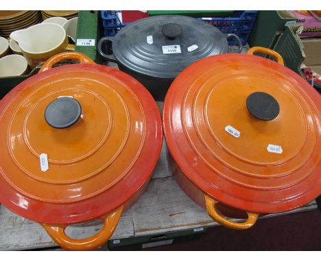 Le Creuset - two orange casserole dishes, together with one other casserole dish (3)Orange 1 - pan minor rim chips, has defin