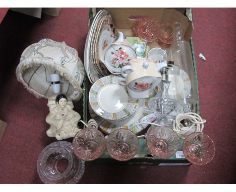 Moulded Glass Table Lamp, Broadhurst, Staffs, Kathie Winkle design, part dinner service, sundae dishes, etc:- One Box.