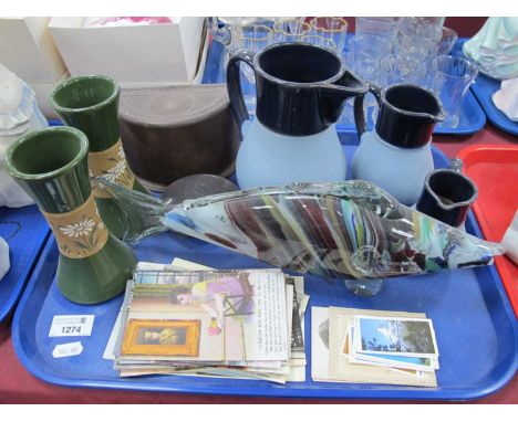 First World War postcards, bakelite cigarette dispenser, Murano style fish, graduated jugs etc. 1 Tray
