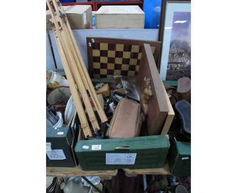 Cosina CSM Camer, tripod, stand, artists easel stand, desk stands, chess board. Staunton boxwood chess set and two carvings o